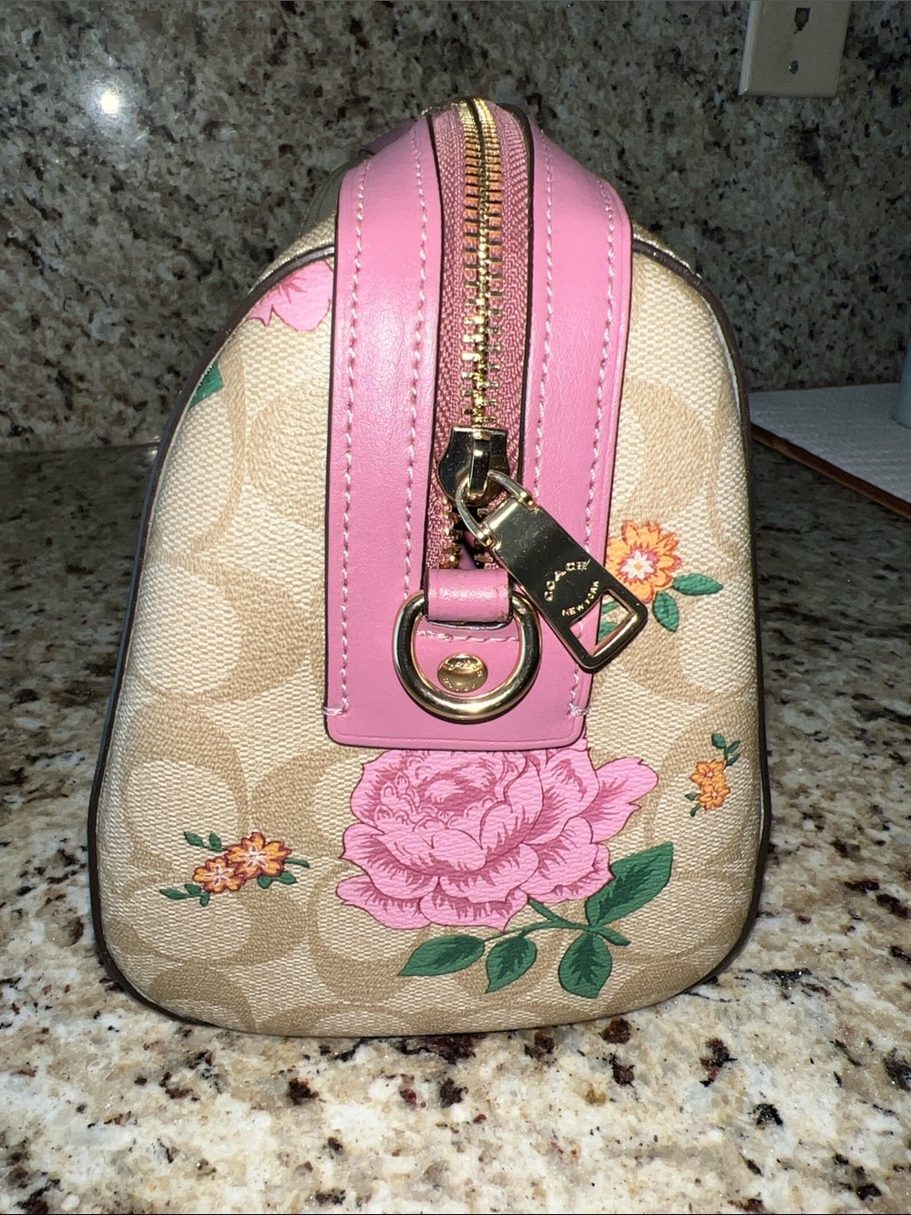 Coach Beige Signature Floral Satchel with Pink Trim and Green Leaves - Picture 5 of 8